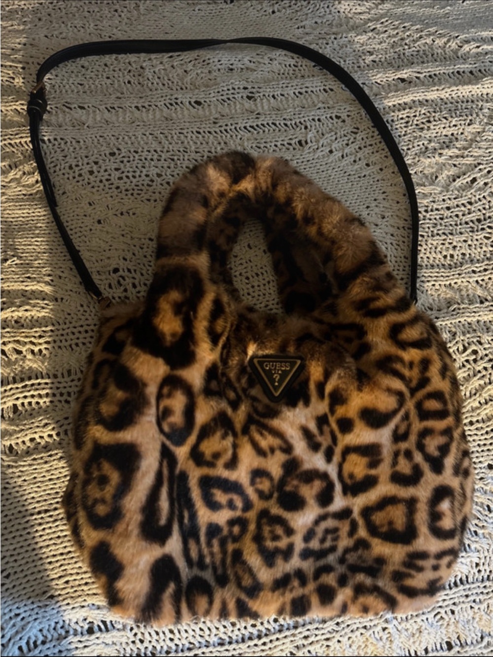 GUESS Leopard Print Faux Fur Crossbody Bag in Brown and Black